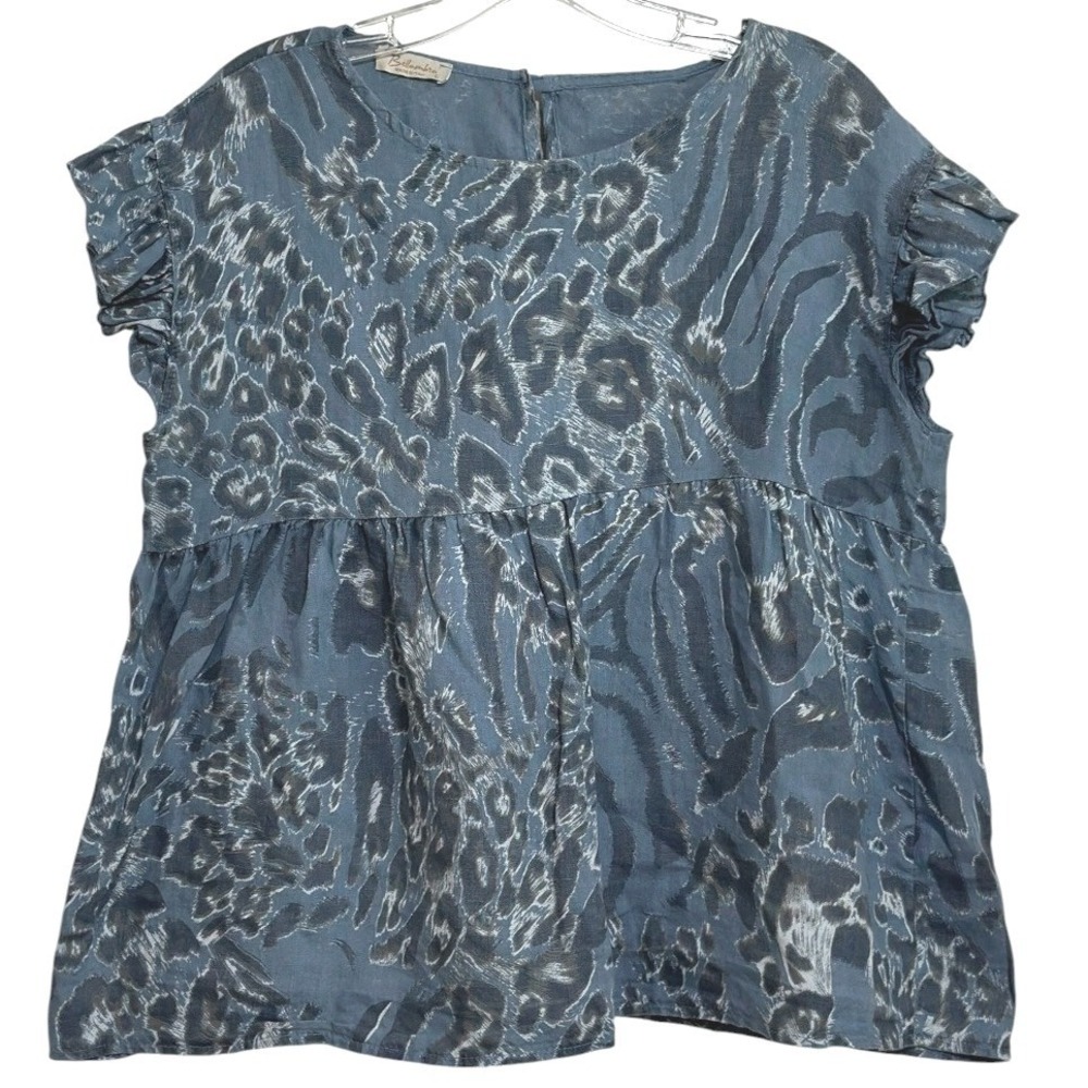 Bellembra Linen Top Women Blue Animal Print Ruffle Babydoll Italian Luxury  L